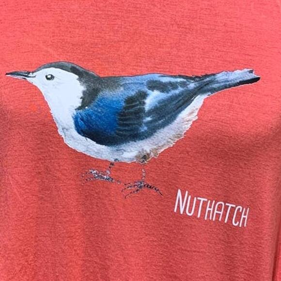 Hand Printed Upcycled Womens Medium Maternity Nuthatch Blue Bird Tee Shirt - Picture 2 of 3